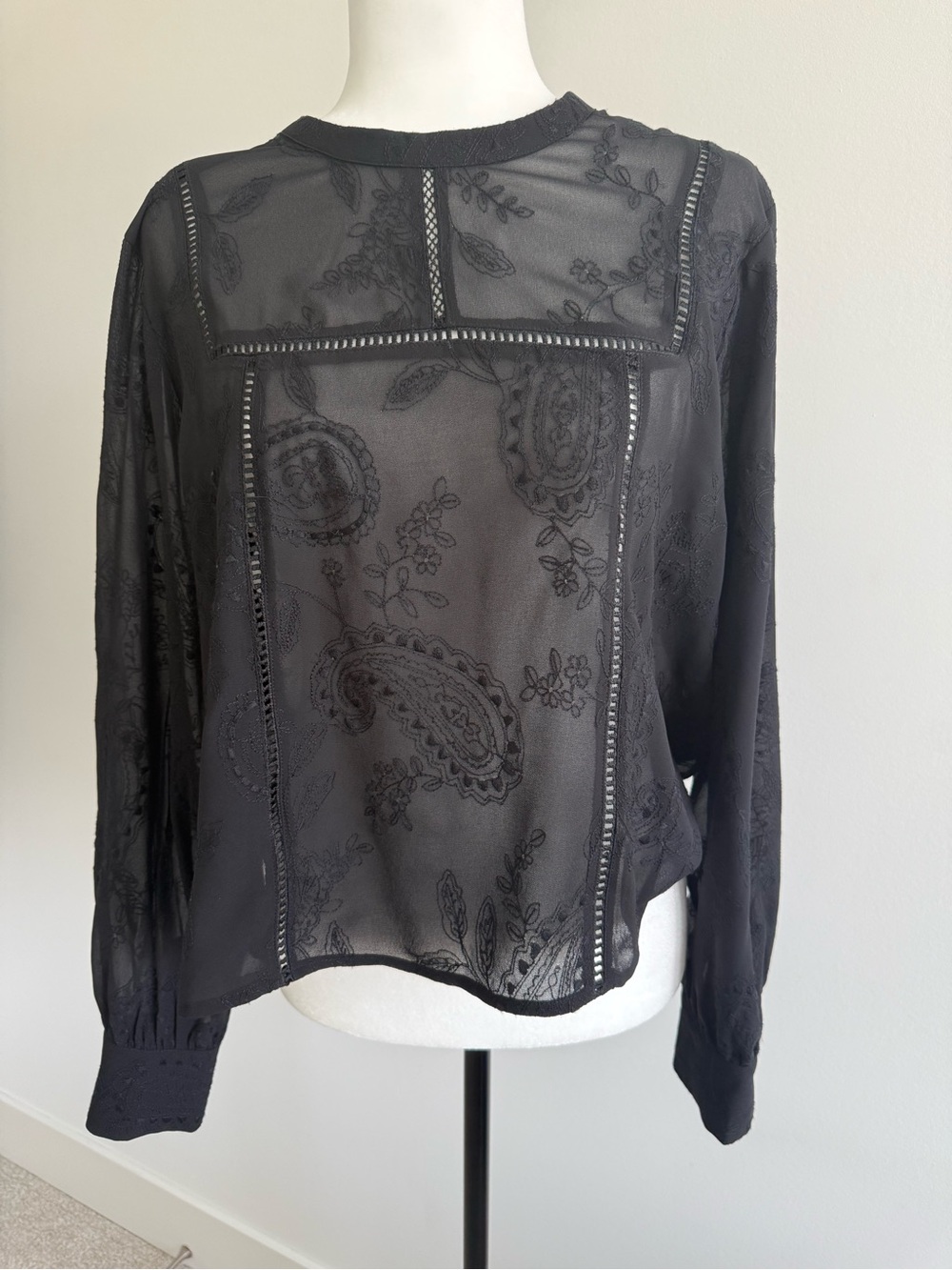 Black Tape Brand - Sheer Black Paisley-Embroidered Long Sleeve Blouse